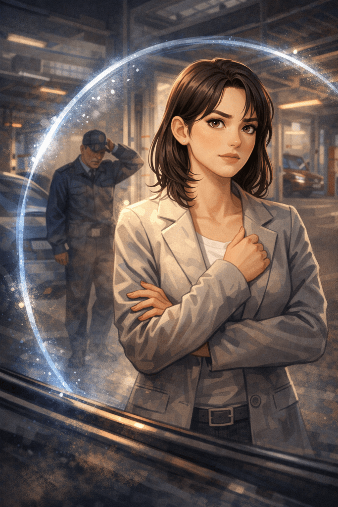 주차장 한가운데서 여성은 스스로의 중심을 지키며 단단히 서 있다. 그녀를 감싸는 빛의 경계는 침착함과 자기 존중이 만든 보이지 않는 보호막이다.
In the dim parking garage, the woman stands firmly rooted in her center. The glowing boundary around her symbolizes an invisible shield formed by calm confidence and self-respect.