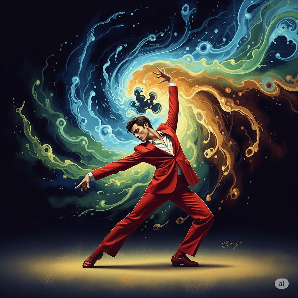 자신감 넘치는 남성 댄서가 붉은 수트를 입고 역동적인 자세로 춤을 추고 있습니다. 그의 몸 주변에는 푸른색, 녹색, 금색이 조화롭게 섞인 추상적인 소용돌이치는 힘(무의식)이 감싸고 있으며, 댄서(자아)와 하나 된 듯 통합된 모습을 보여줍니다. 강렬한 색상과 역동적인 구도가 조화와 균형을 표현합니다. A confident male dancer in a red suit is captured in a dynamic pose, dancing. Around his body, an abstract, swirling force in harmonious blues, greens, and golds (representing the unconscious) intertwines, showing a unified and integrated form with the dancer (ego). Vibrant colors and a dynamic composition convey a sense of harmony and balance.