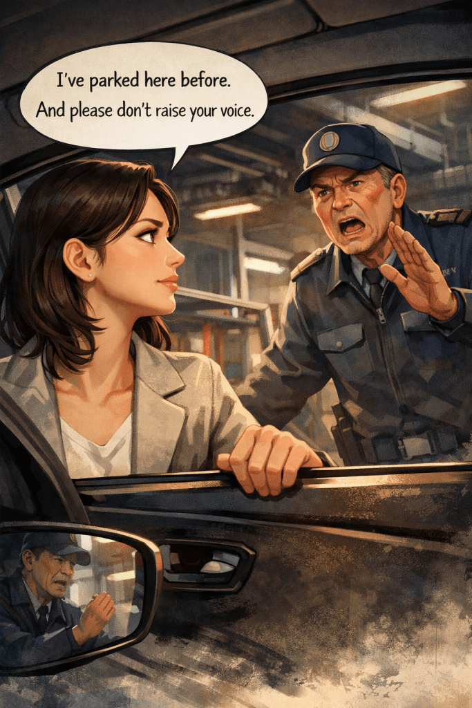 차 안에 앉은 여성은 흔들림 없는 눈빛과 낮은 톤으로 자신의 경계를 분명히 세운다. 고함치던 경비는 그 침착한 에너지 앞에서 서서히 기세를 잃는다.
Seated in her car, the woman sets a clear boundary with a steady gaze and calm voice. The once-angry security guard shrinks back, disarmed by her composed presence.