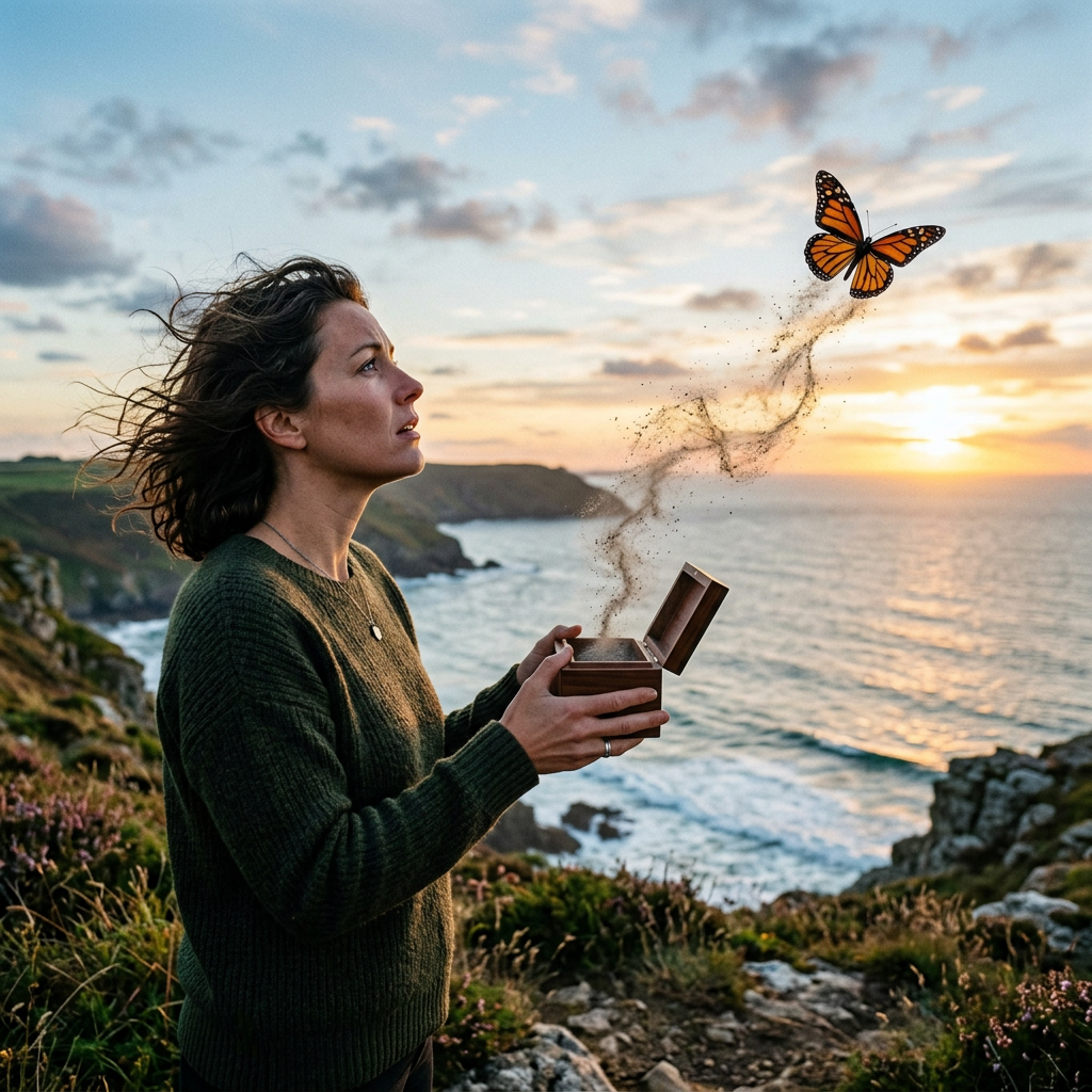 Woman releasing butterfly formed from dust particles near seaside cliff at sunset
