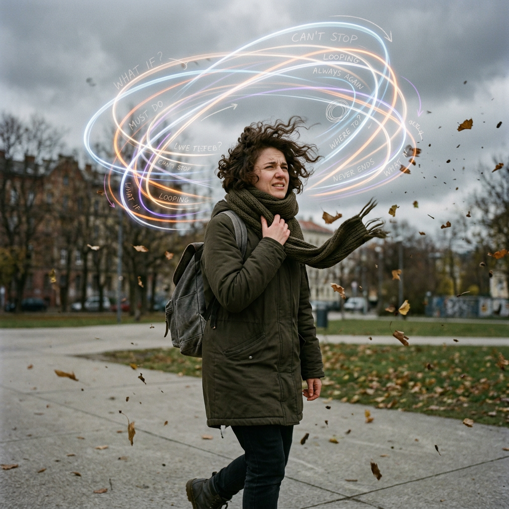 Person outdoors on a windy day, surrounded by swirling lines and anxious thought words.